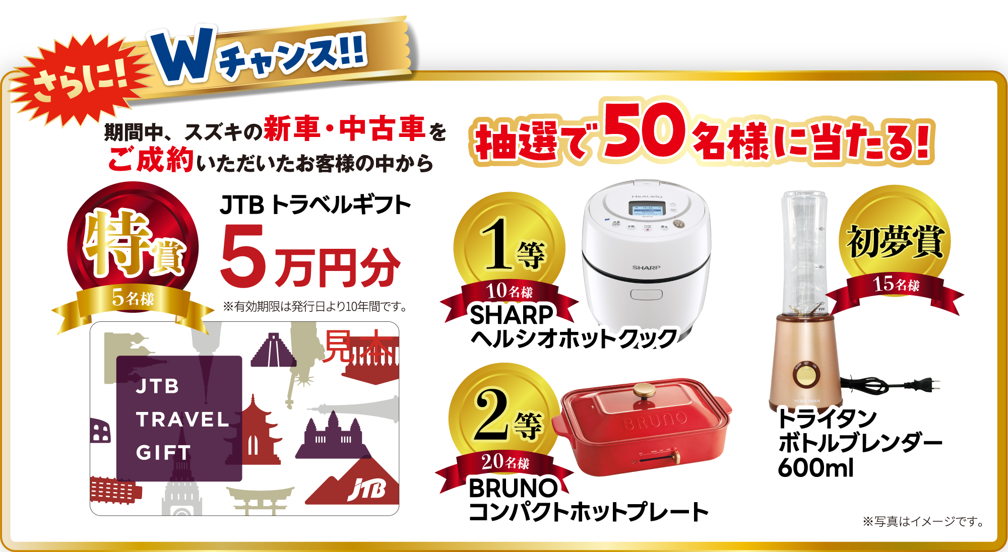 さらに!Wチャンス！！ 期間中、スズキの新車・中古車をご成約いただいたお客様の中から抽選で50名様に当たる! 特賞5名様 JTB トラベルギフト5万円分 1等10名様 SHARPヘルシオホットクック 2等20名様 BRUNOコンパクトホットプレート 初夢賞15名様 トライタンボトルブレンダー600ml